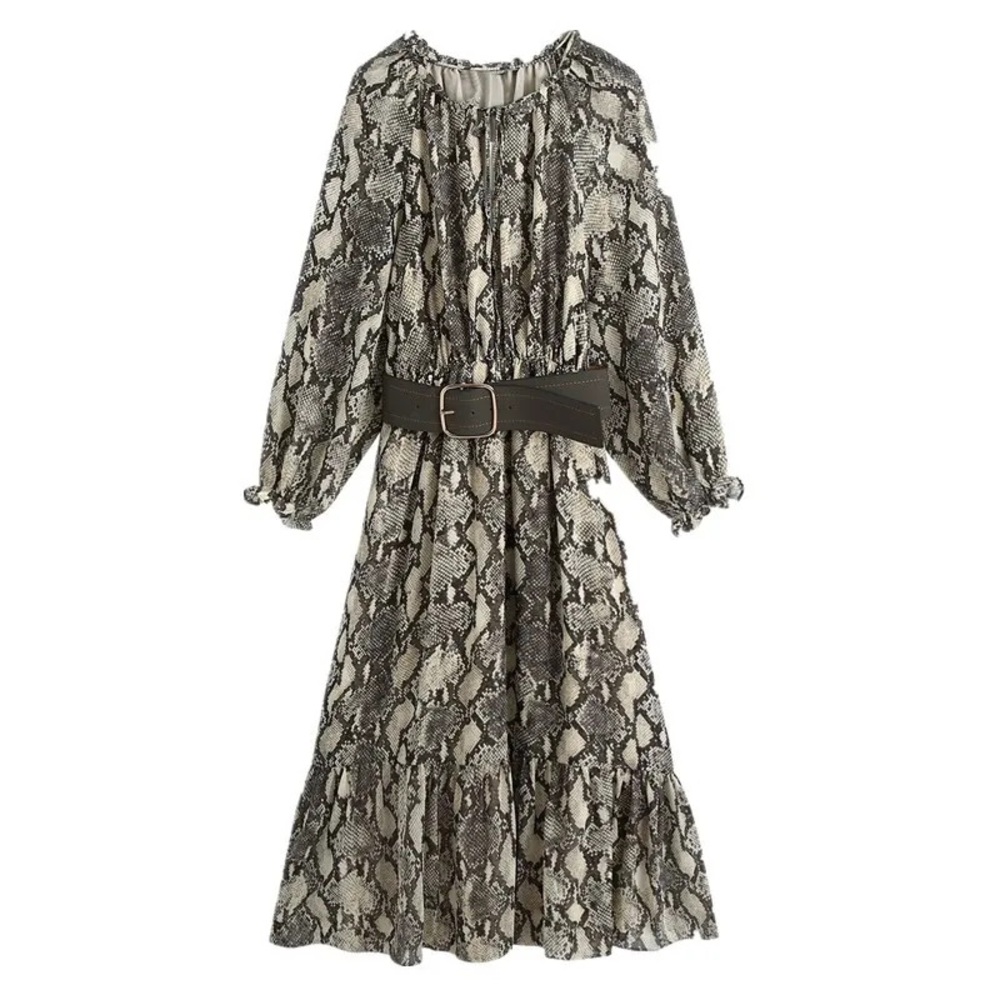 Zara Black and Cream Snake Print Long Sleeve Dress